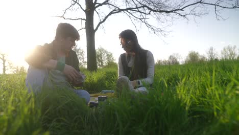 Couple enjoying a picnic in the park at sunset