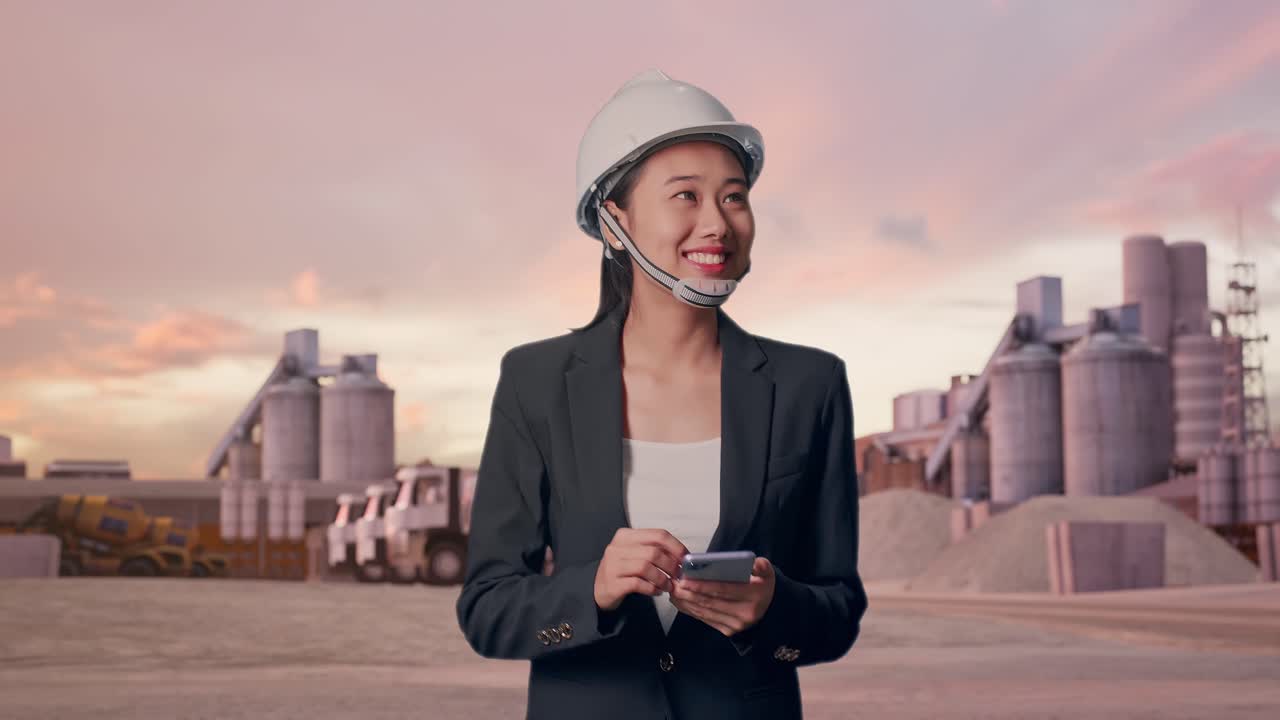 Vista frontal de una empresaria asiática usando un smartphone mientras camina y mira a su alrededor en una planta de cemento industrial al atardecer