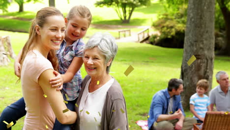 animation of confetti falling over happy family at birthday party