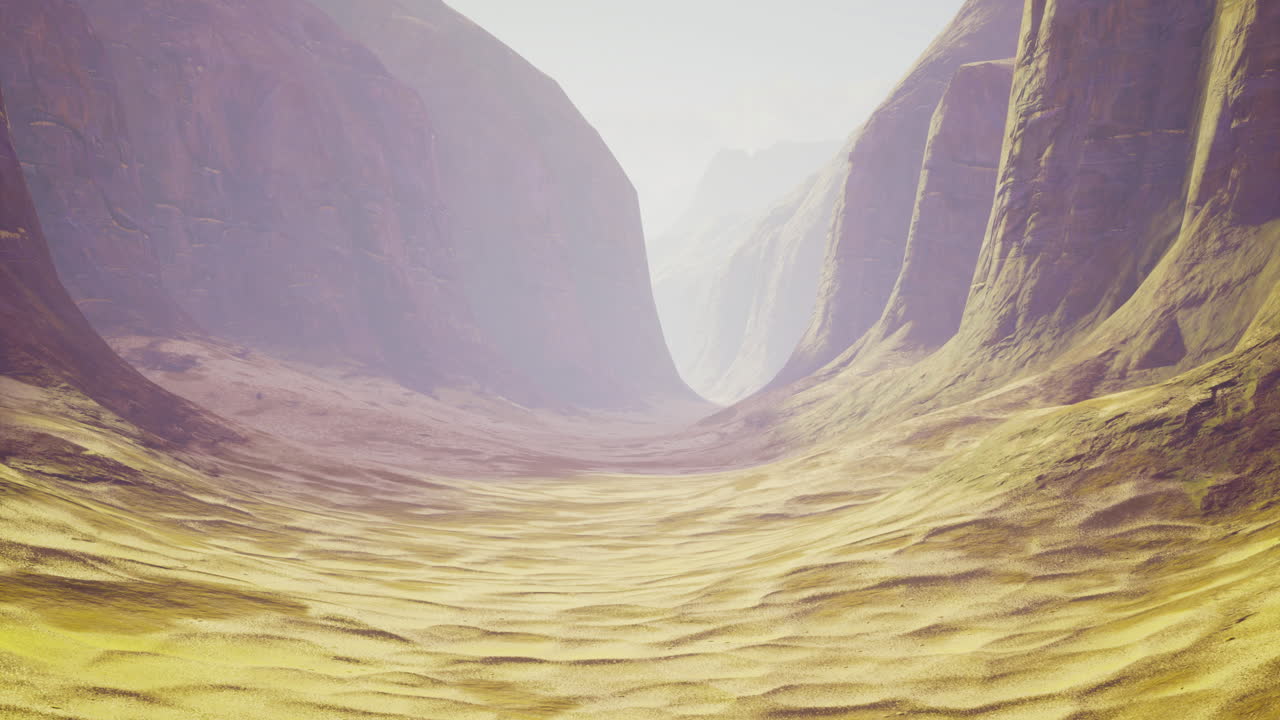 Vast desert valley landscape with steep cliffs and gentle sand dunes