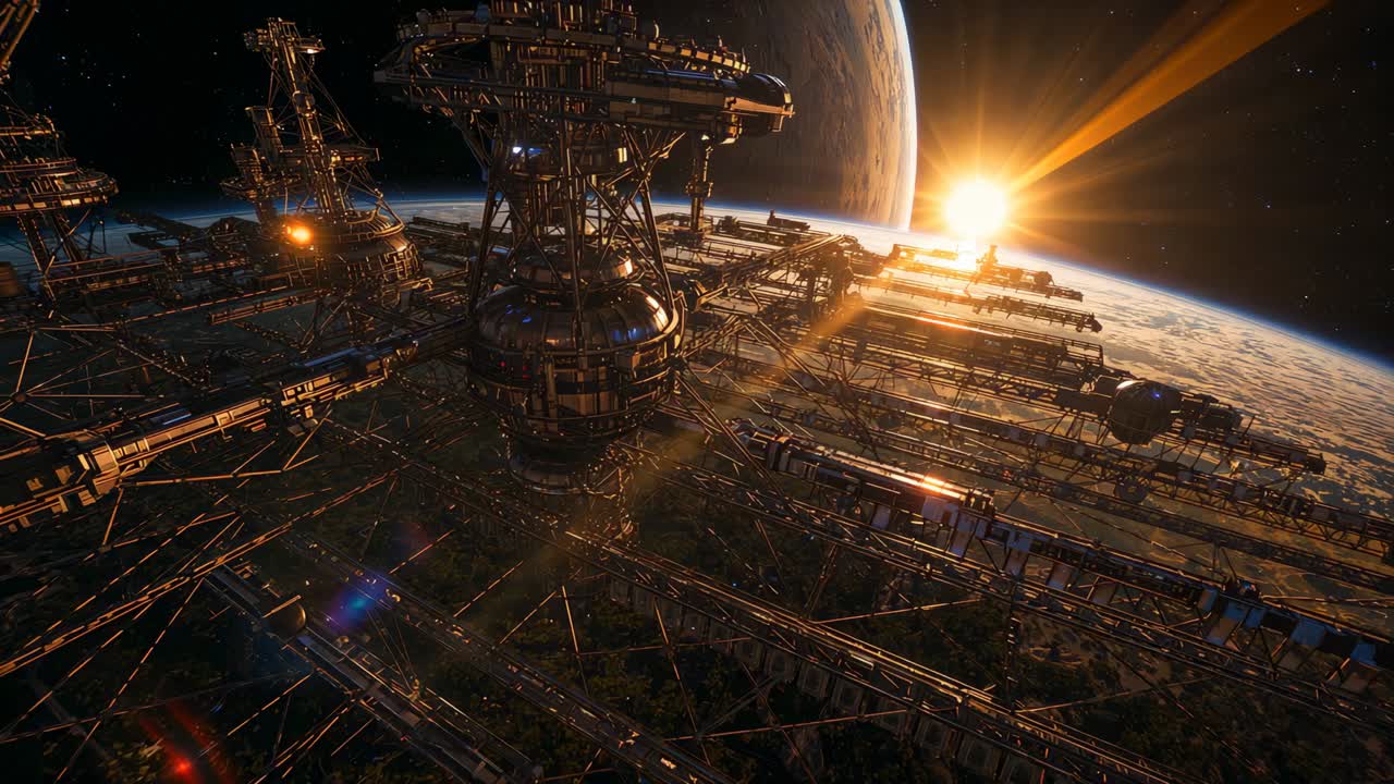 Catching large orbit station reflecting rising star light above planet limb, revealing truss detail