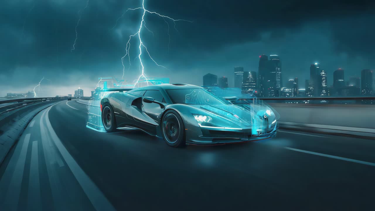 Auto sportiva futuristica con display olografico su una strada cittadina tempestosa