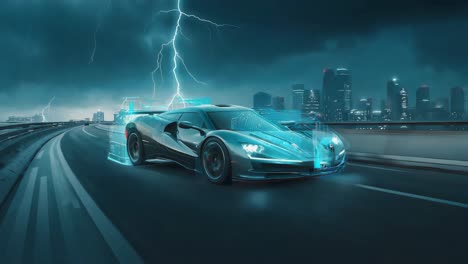 futuristic sports car with holographic display on a stormy city road