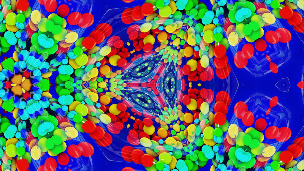 Kaleidoskooppiefekti aaltoilevasta, kiiltävästä nestepinnasta, jossa vääristyneet ympyrät kelluvat kuin maalitipat öljyssä. Luova tausta monivärisellä liukuvärillä 4K-resoluutiolla. 3D.