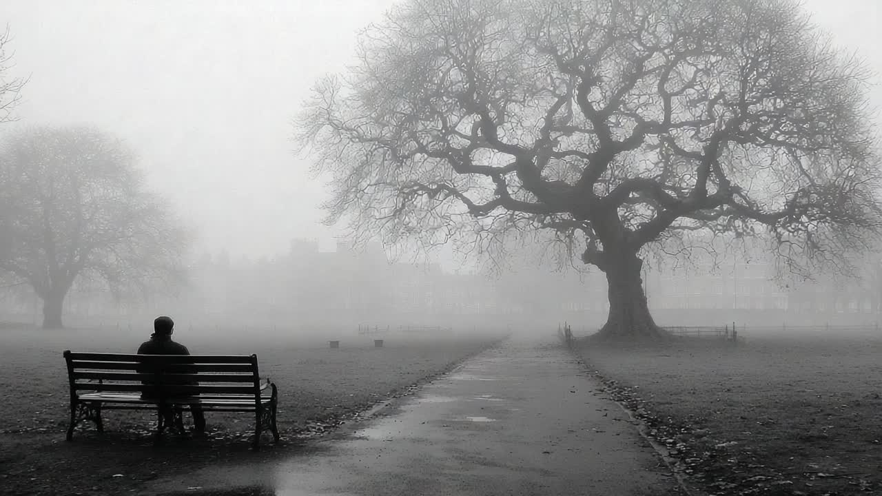 A Solitary Figure Contemplates in a Foggy Park Scene, Surrounded by a Majestic Tree and Eerie Atmosphere, Perfectly Capturing the Beauty of Isolation and Nature