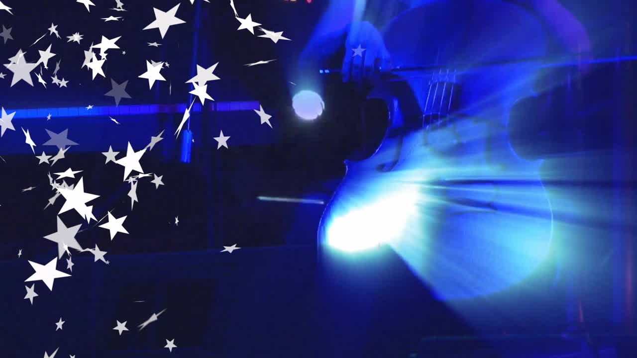 Cello body being animated under blue lighting, featuring star shapes and bow motion