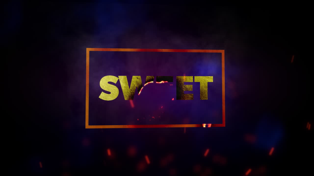 animación de texto blanco dulce, en marco dorado, con chispas rojas sobre fondo negro