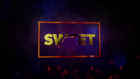 animation of white text sweet, in gold frame, with red sparks on black background