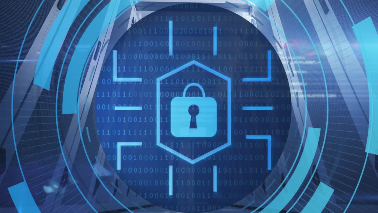 animación de un candado digital en círculos sobre los servidores