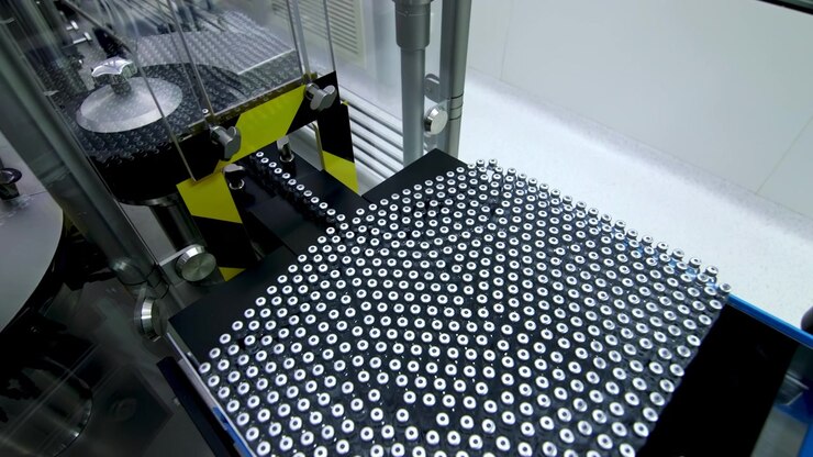 Pharmaceutical manufacturing tablets drugs automated pill production sterile stainless steel conveyor protective clothing operating touchscreen control panel packaging machinery facility industry