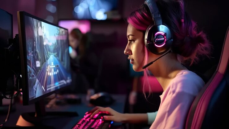 Giovane donna gamer che gioca a un videogioco con le cuffie in una stanza buia
