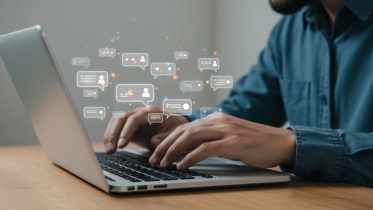 Engaging in Digital Conversations: A Person Typing on a Laptop Surrounded by Interactive Message Bubbles Representing Online Communication
