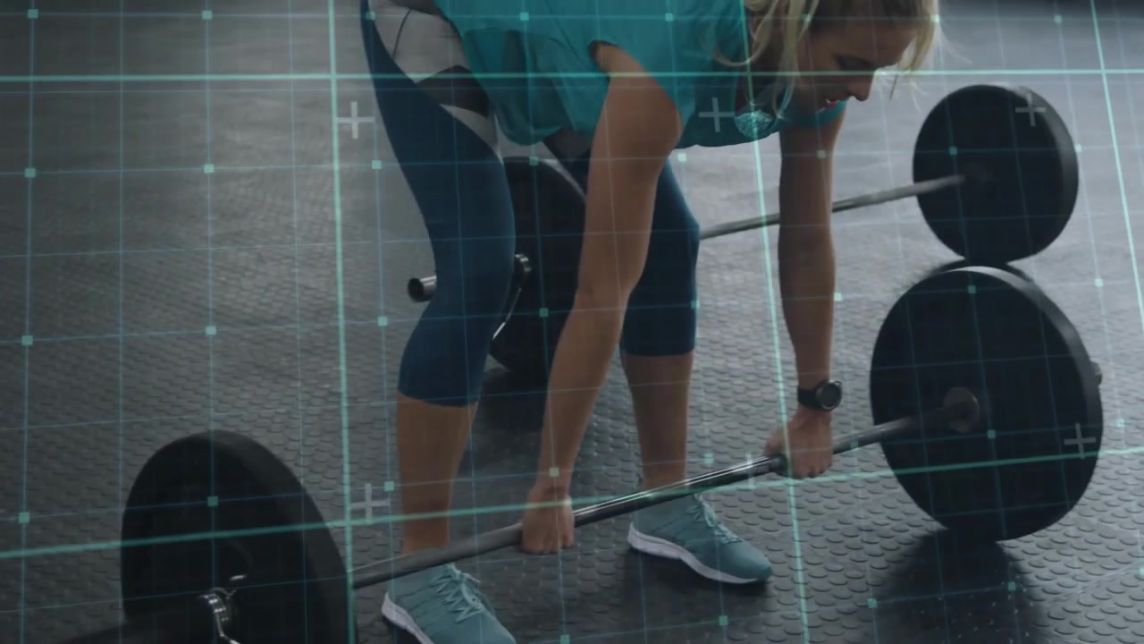 Woman gripping barbell, doing deadlifts then quick runs, faint grid tracking motion for fitness