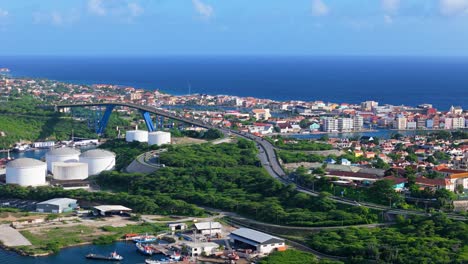 aerial orbit around queen juliana bridge with coastal views of willemstad curacao