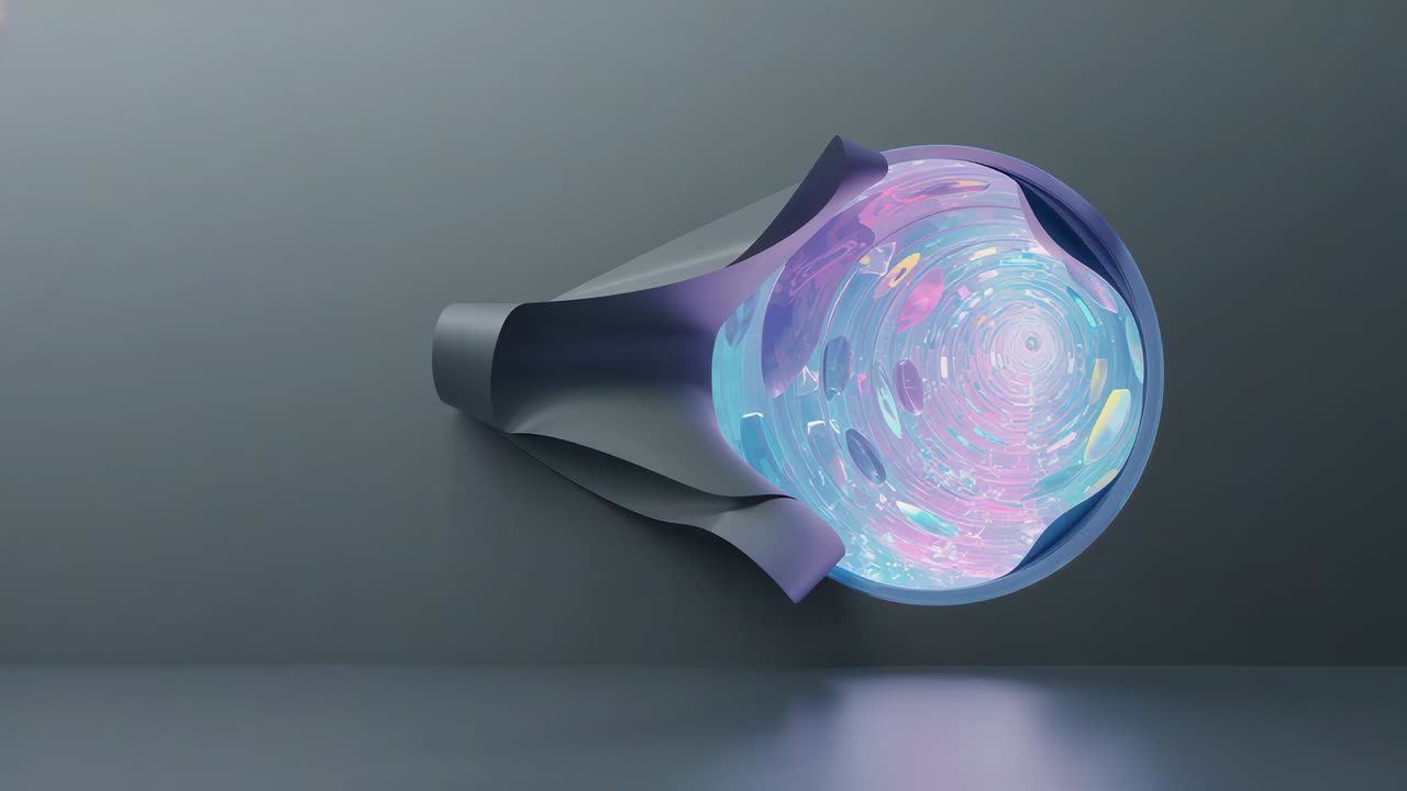 Accensione di un apparecchio tubolare, flange che creano un tunnel di colore rotante su una parete grigia, con luci in evidenza