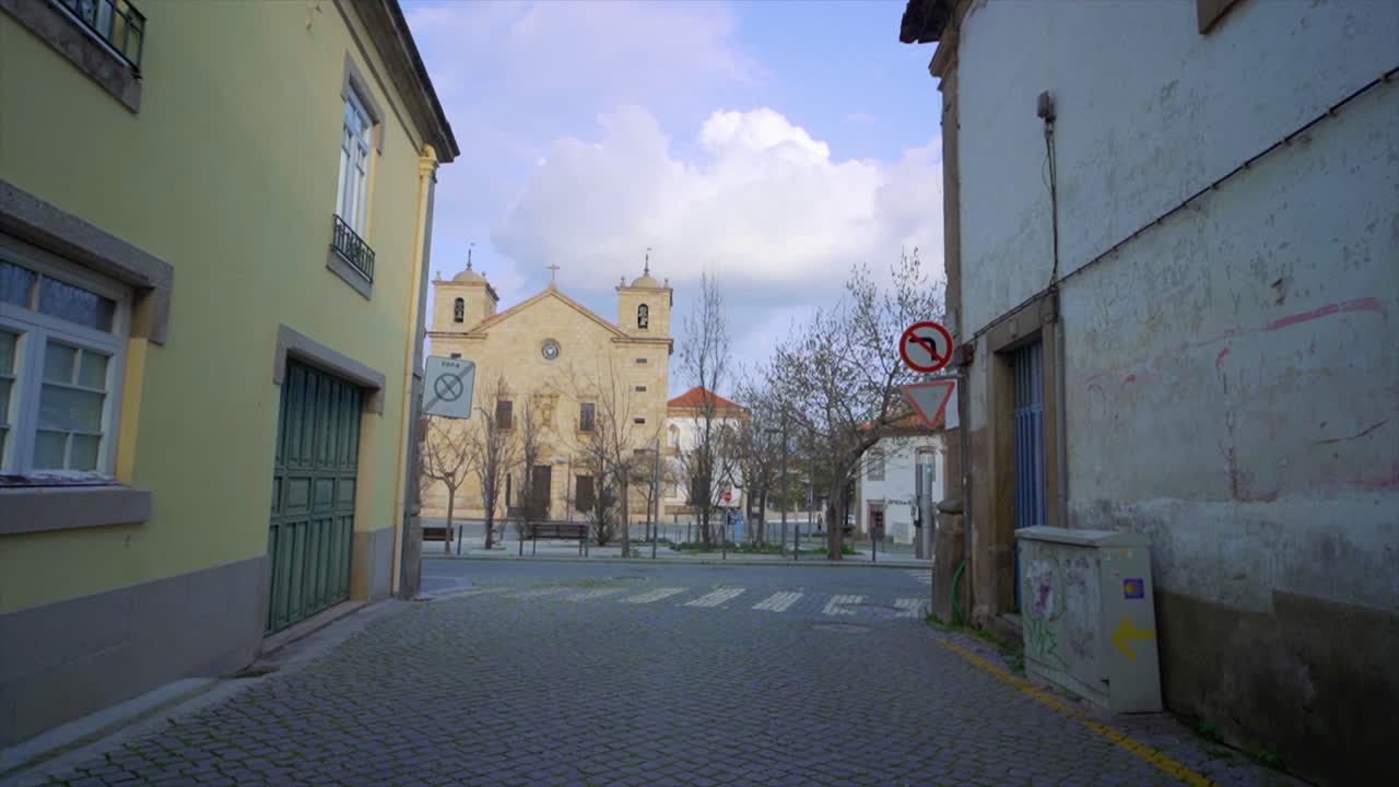 Empty city streets, coronavirus lockdown Castelo Branco city, reveal church