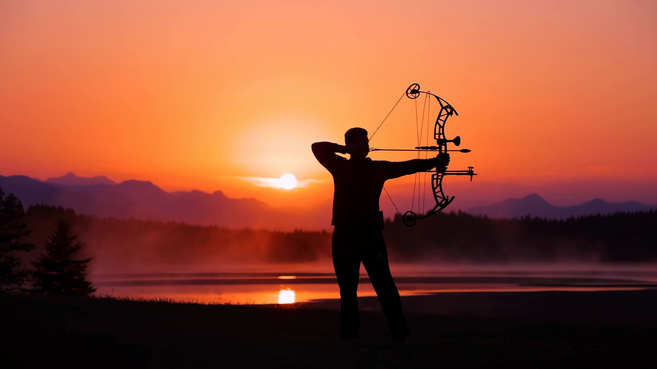 Silhouette di un arciere maschio adulto sulla riva erbosa del lago al tramonto, che tiene un arco compound con freccia incoccata e corda tesa, rivolto verso l'acqua aperta con uno sfondo montuoso, bagliore caldo del cielo e forte contrasto.