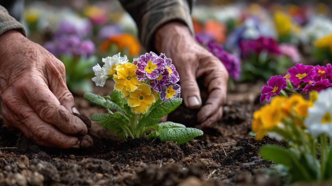 A Gardener's Hands Planting Vibrant Primrose Flowers in Rich Soil: A Close-Up of Nature's Beauty and the Joy of Gardening