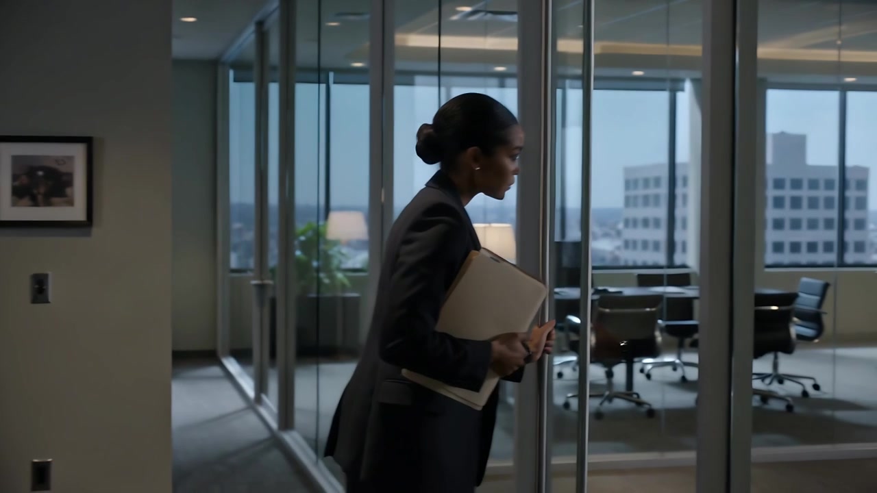 Checking watch, walking woman in suit opening glass doors, entering office with laptop, copy space