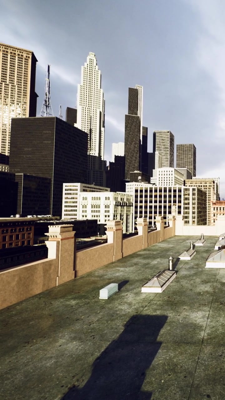 Una vista dello skyline di una città da un'area panoramica sul tetto.