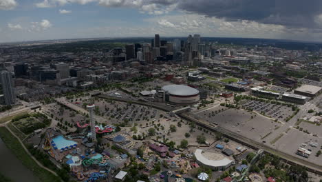 innenstadt von denver luftdrohne cinematic south platte river elitch gardens ballarena du mscd cityscape colorado autos verkehr parkplatz nuggets lawine broncos frühling sommer kreisbewegung nach rechts