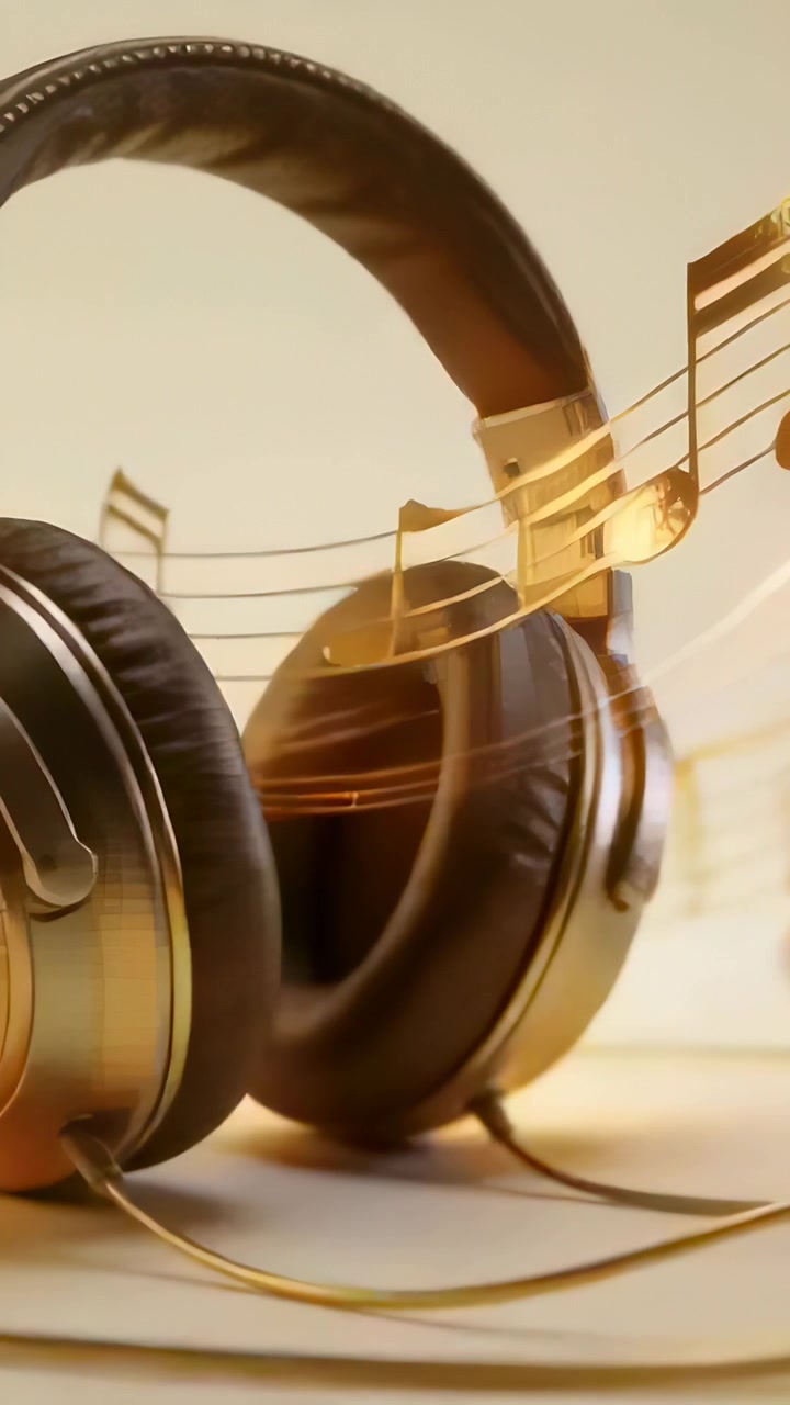 Vídeo vertical: Notas douradas animadas vindo da direita, passando por fones de ouvido supra-auriculares e cabo, adicionando efeito bokeh