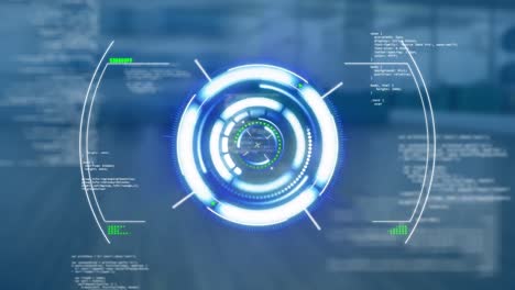 animación de escaneo de alcance y procesamiento de datos sobre una oficina vacía