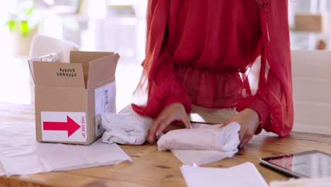 woman, hands and packing package