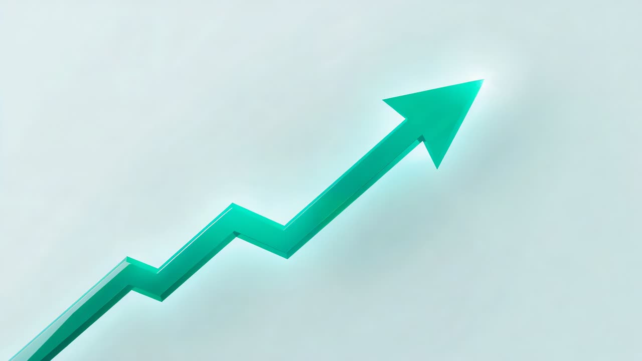 Animating green zigzag arrow moving upward on pale gray backdrop, showing growth with moving flare