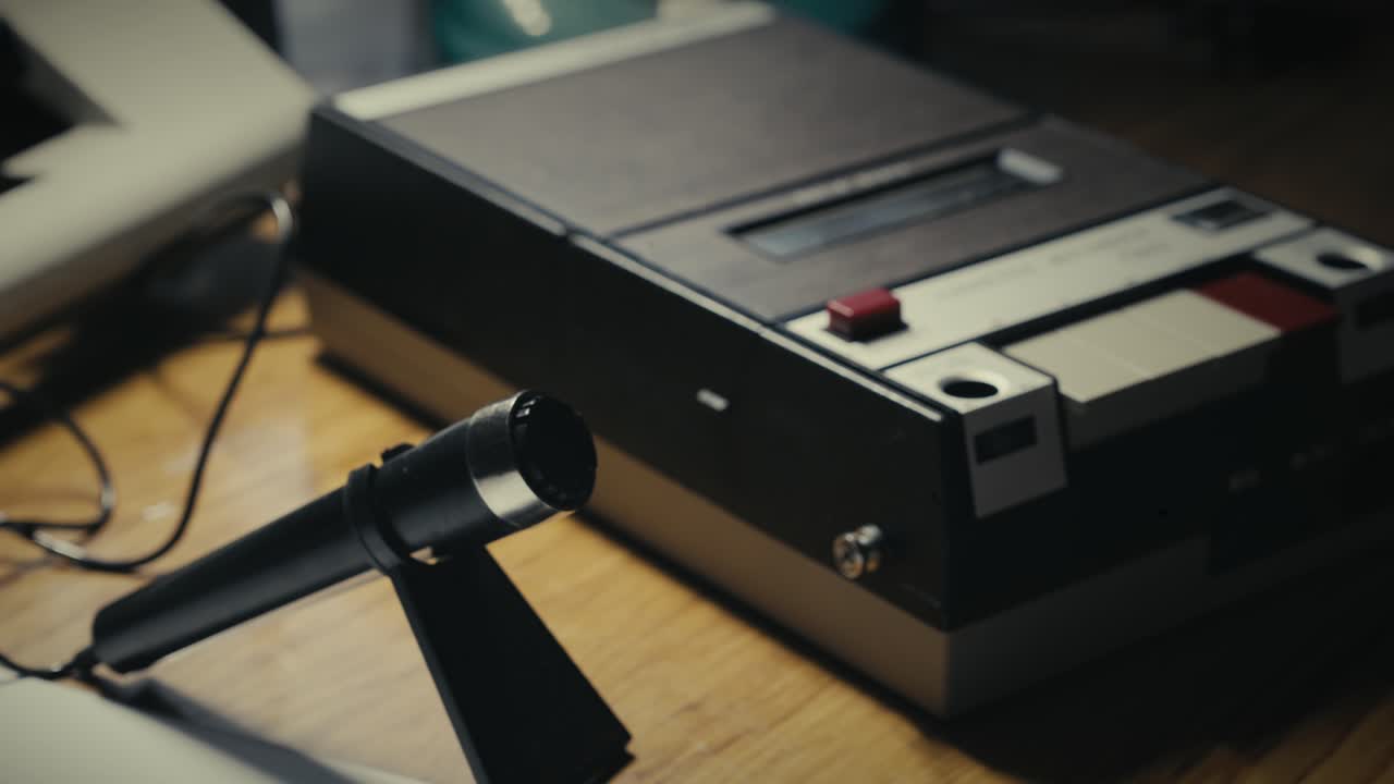 Reporter starts recording on office desktop retro cassette tape machine