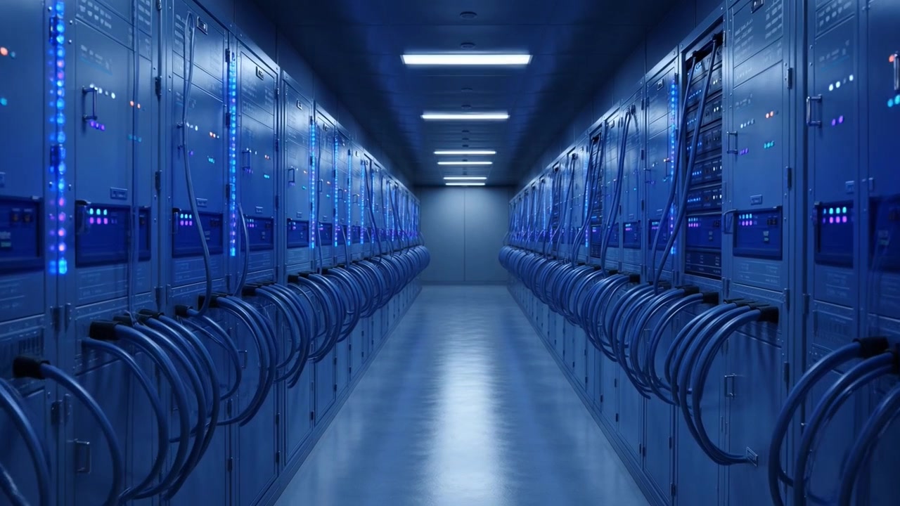 Modern Data Center Server Room with Glowing Blue Lights
