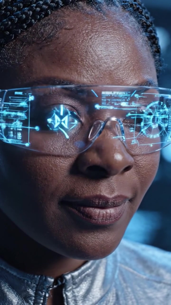 A futuristic close-up of a woman in high-tech glasses, showcasing advanced digital interfaces and augmented reality features, symbolizing innovation and technology in modern life.