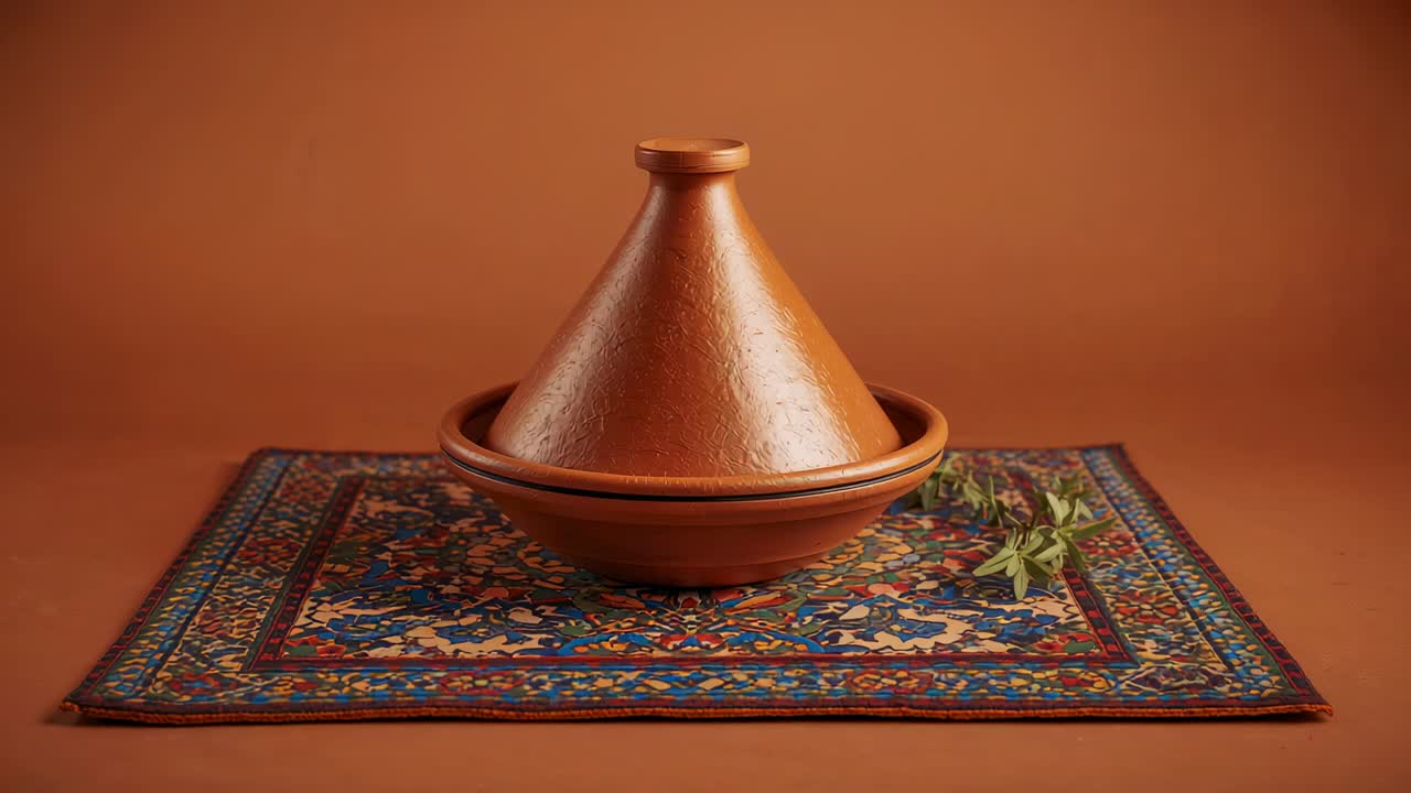 Zooming camera revealing clay tagine pot on ornate rug, showing herb sprig, highlighting texture