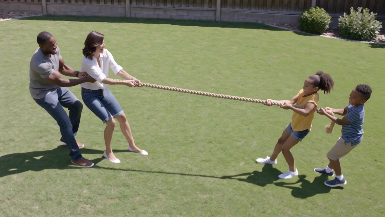 Pulling parents and children responding to sunny day, straining on backyard lawn with braided rope