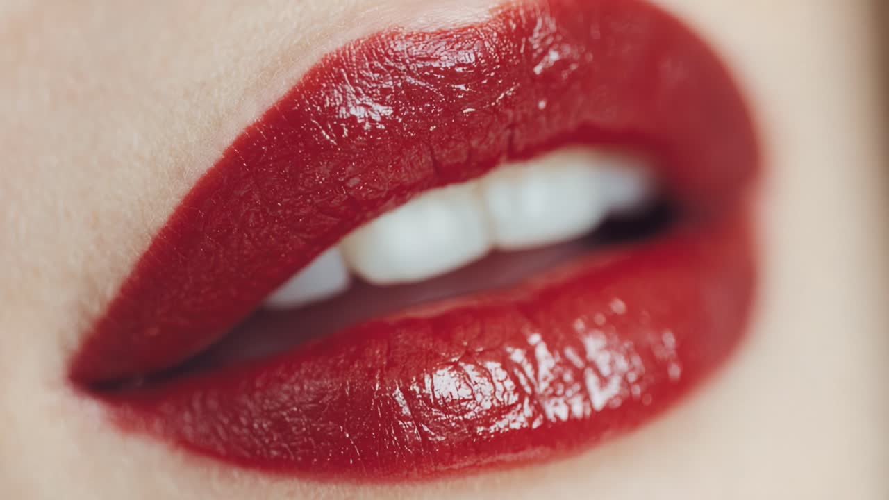 Captivating Close-Up of Glamorous Red Lips Showcasing a Beautiful Smile and Radiant Shine, Perfect for Beauty and Makeup Enthusiasts