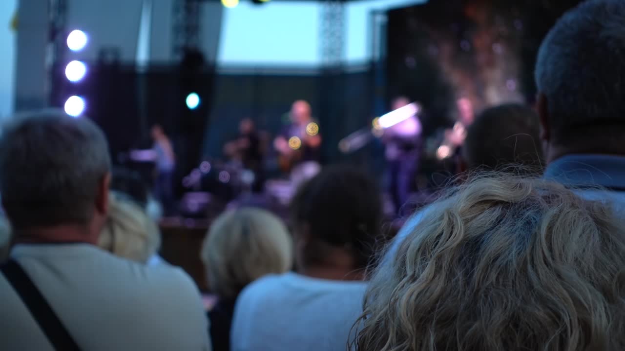 Konzert auf der Bühne. Menschenmenge und Musiker. Unscharf.