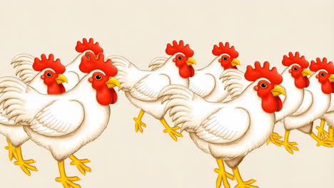 a line of white chickens walking