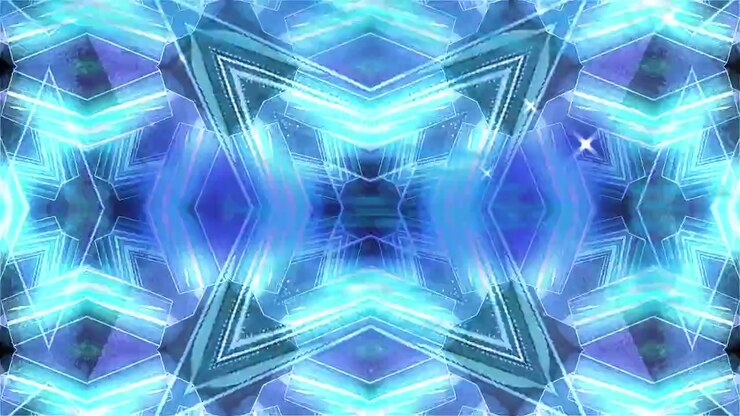 Animation of data processing over blue kaleidoscopic shapes