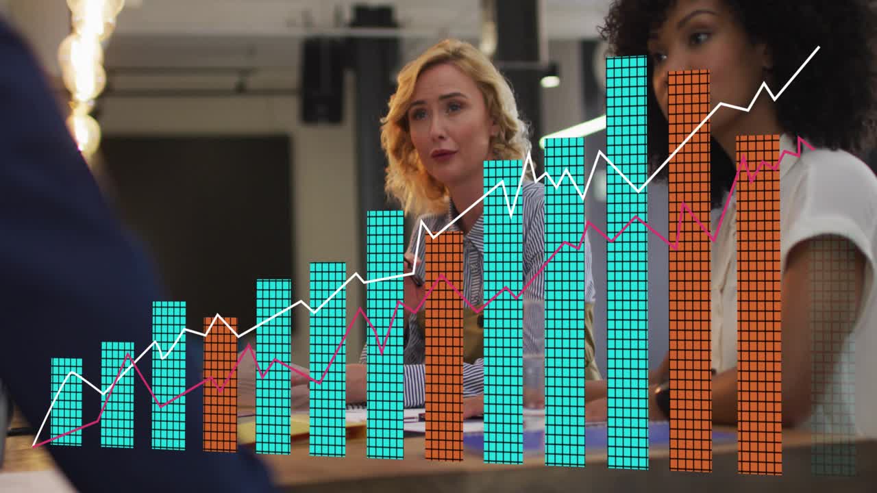 Presenter reading report and gesturing to show data in business, animated bars rising across table
