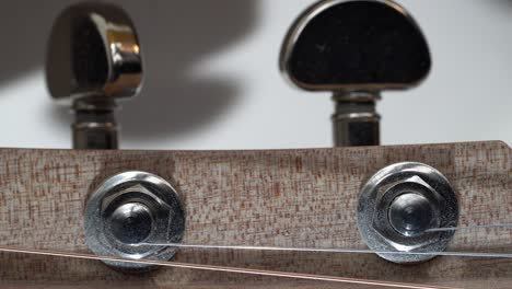 closeup of headstock and tuners on acoustic guitar