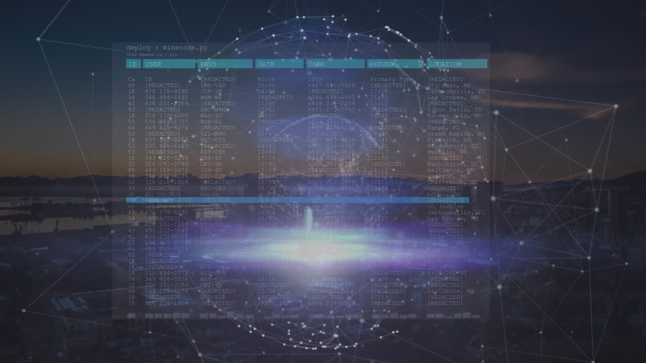 도시 풍경 위의 데이터 처리 애니메이션