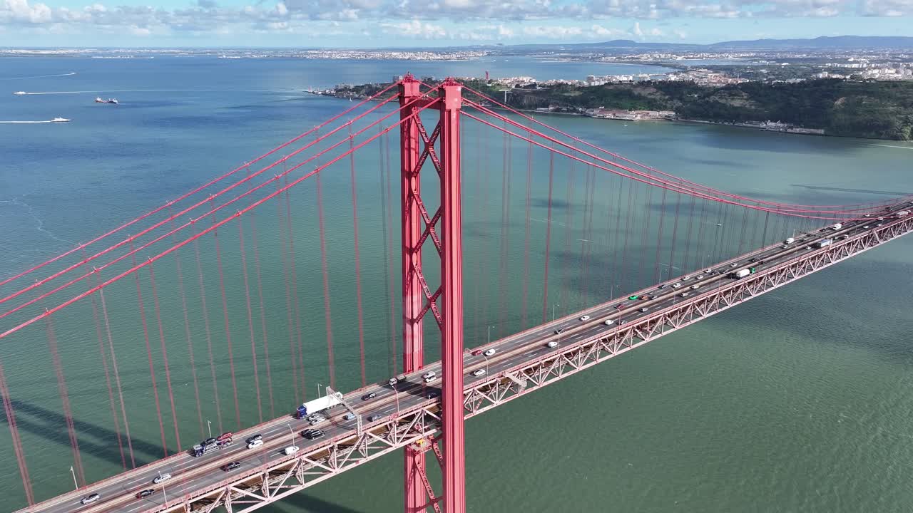 25 Of April Bridge At Lisbon In Lisbon District Portugal. Downtown City Skyline. Transportation Scenery. 25 Of April Bridge At Lisbon In Lisbon District Portugal. Famous Cable Stayed Bridge.