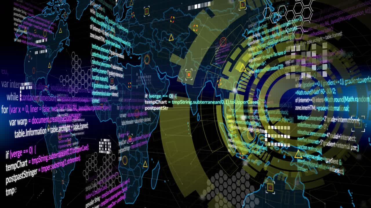Animation of spinning round scanner, world map and data processing against black background