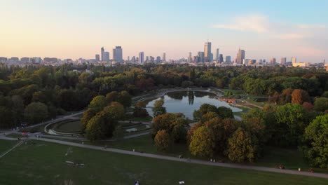 iconic warsaw skyline from drone view during sunset