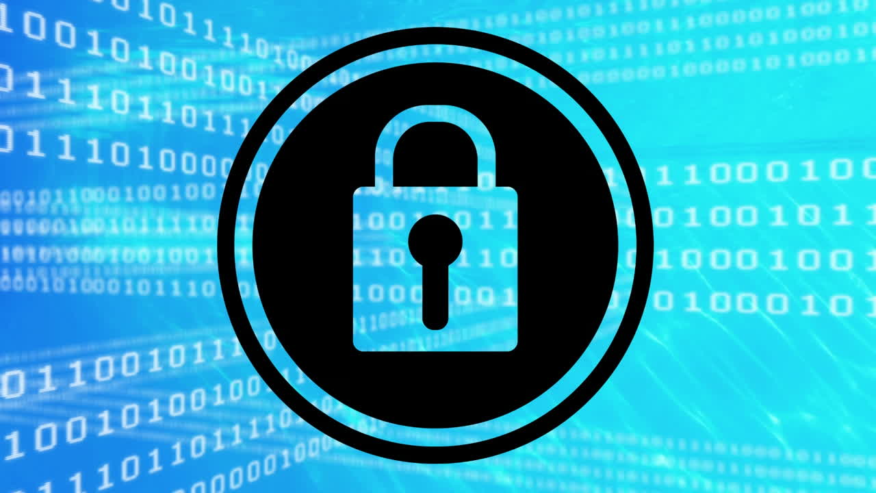 animación de codificación binaria y candado de seguridad en línea sobre fondo azul