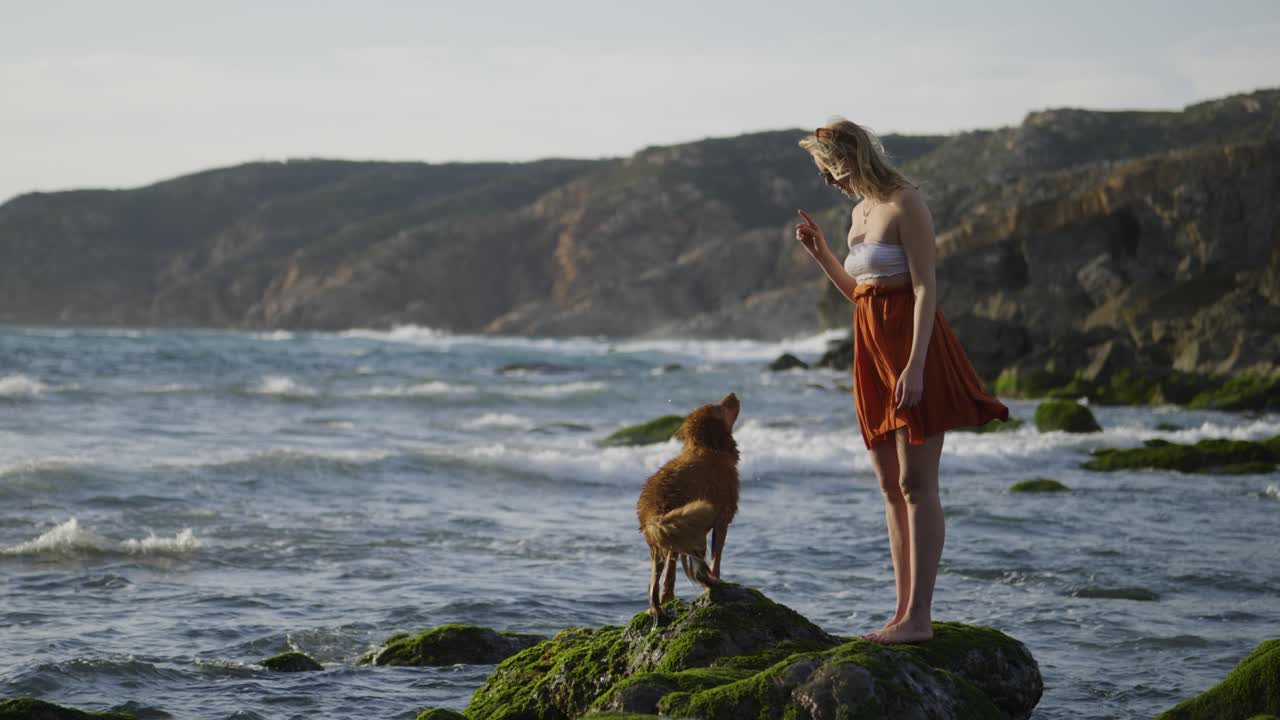 4k 슬로우 모션 행복한 젊은 여성이 포르투갈 긴초 해변에서 애완견과 놀고 있습니다.