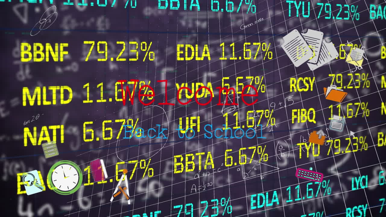 디지털 데이터 처리를 통해 학교 용품의 애니메이션.