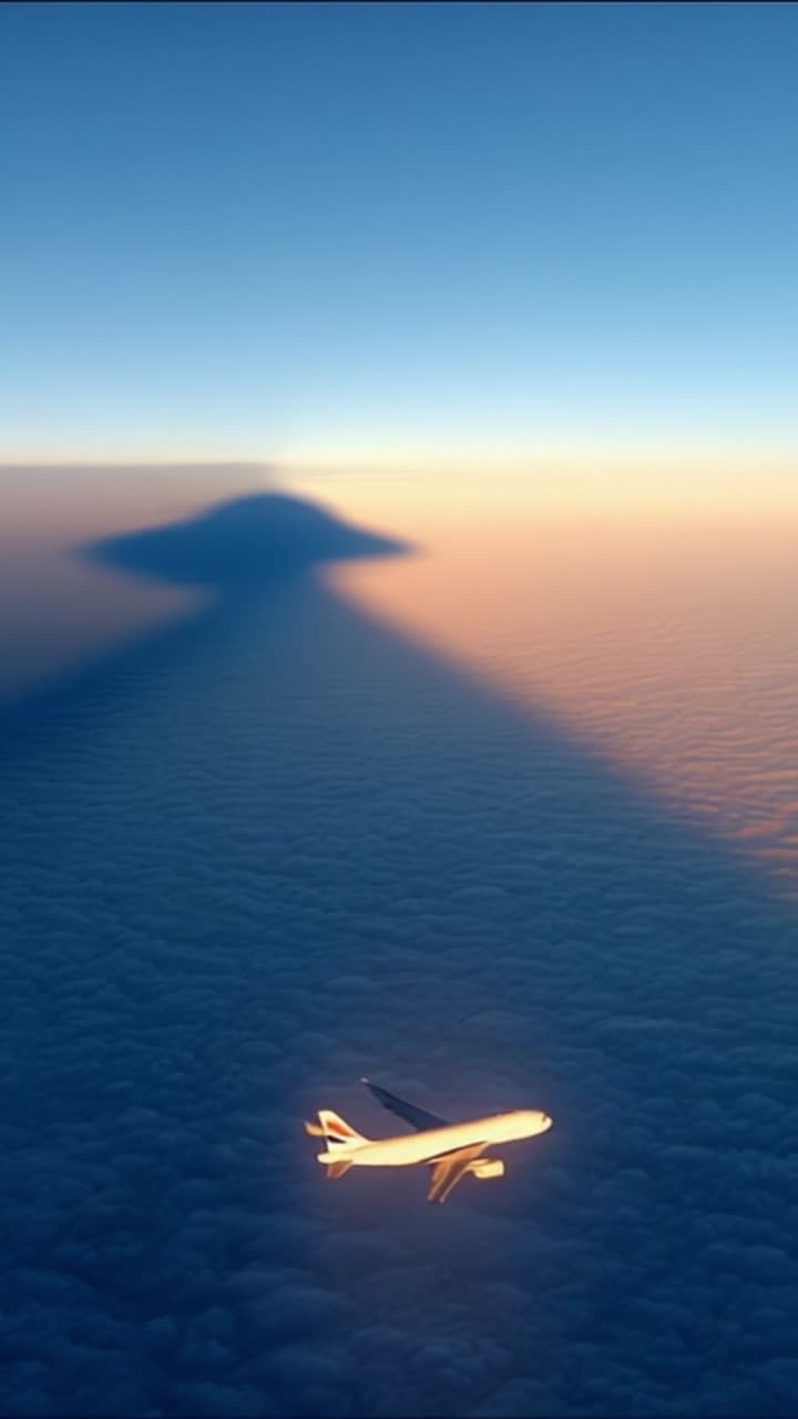 Vista aerea mozzafiato di un aereo che vola sopra le nuvole, proiettando un'ombra suggestiva sullo strato nebbioso sottostante durante l'alba, mettendo in mostra la bellezza della natura.
