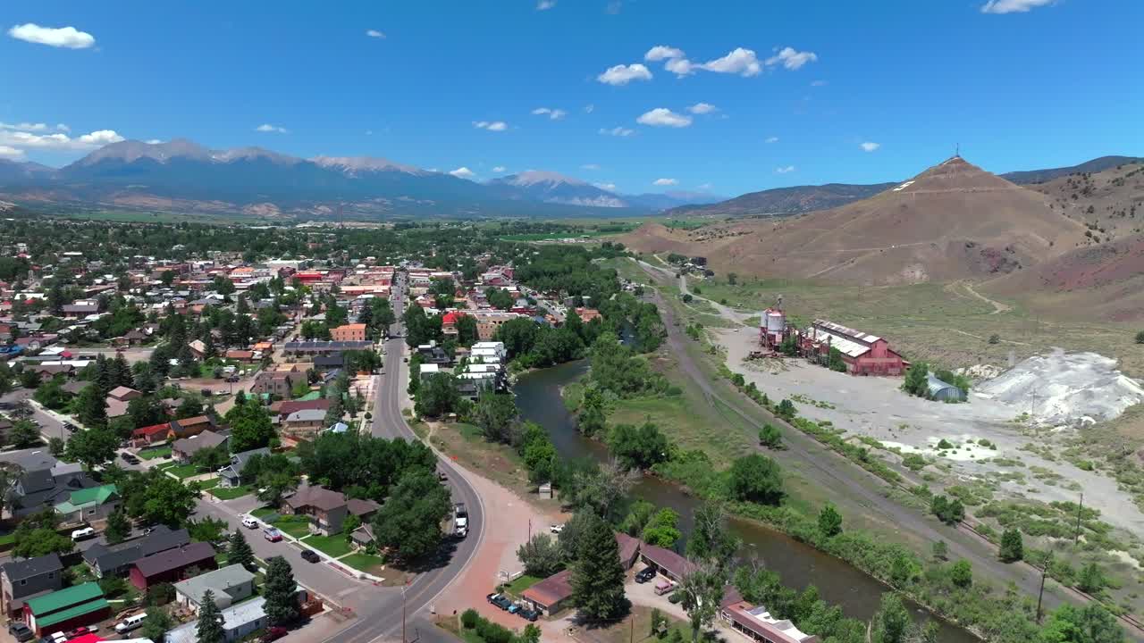 Salida Colorado aerial drone forward up Collegiate Peaks 14ers S Mountain Tenderfoot Hill Buena Vista Rocky mountain town Chaffee County Arkansas River hiking trails blue sky sunny local traffic