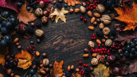 autumn harvest with nuts, berries, fruits, and leaves on wooden table